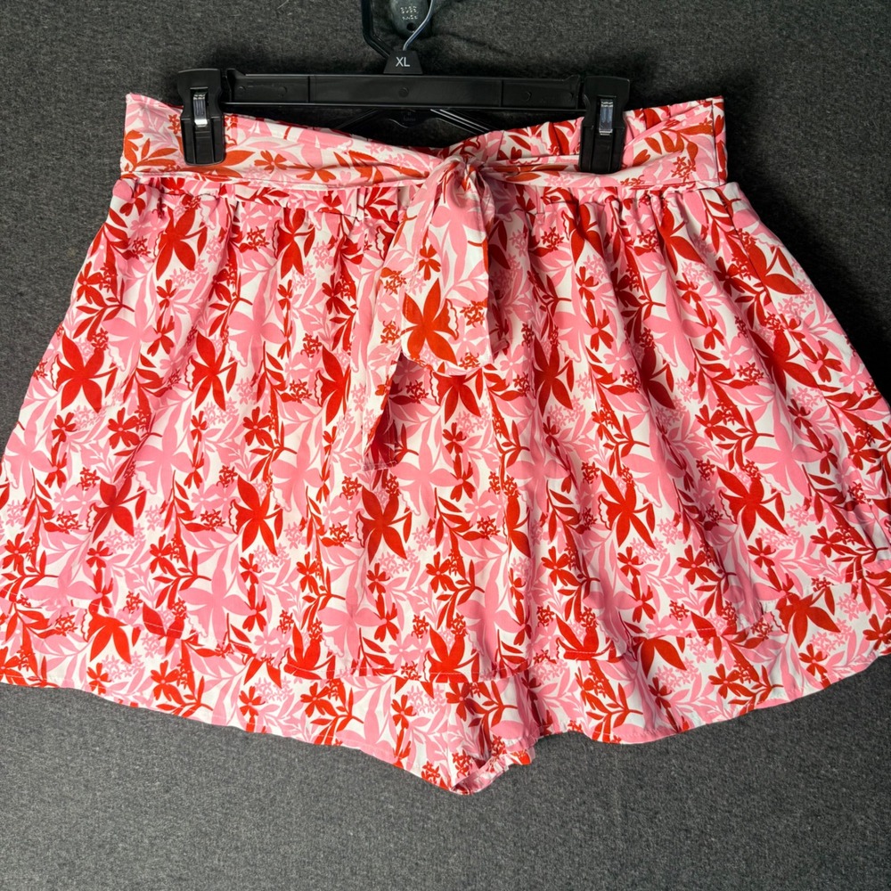 WOMENS XL Floral Shorts Ruffle Red Pink Tie Waist Resort Vaca Cottage Feminine
